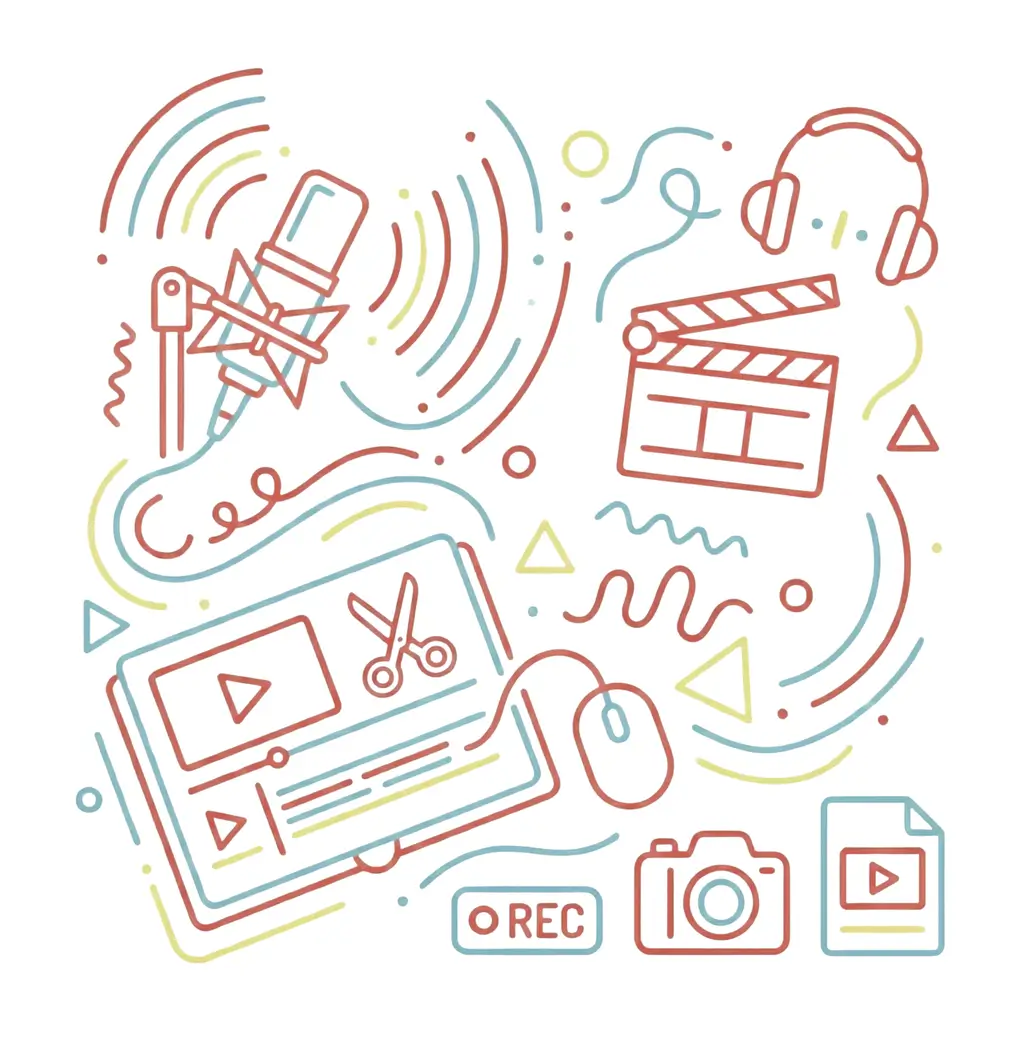 Imagen con recursos gráficos que representan radio y podcast